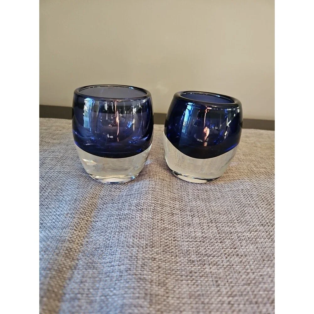 Vintage Polish Art Glass- Crate and Barrel Colbalt Blue Diva Votive Set Of Two